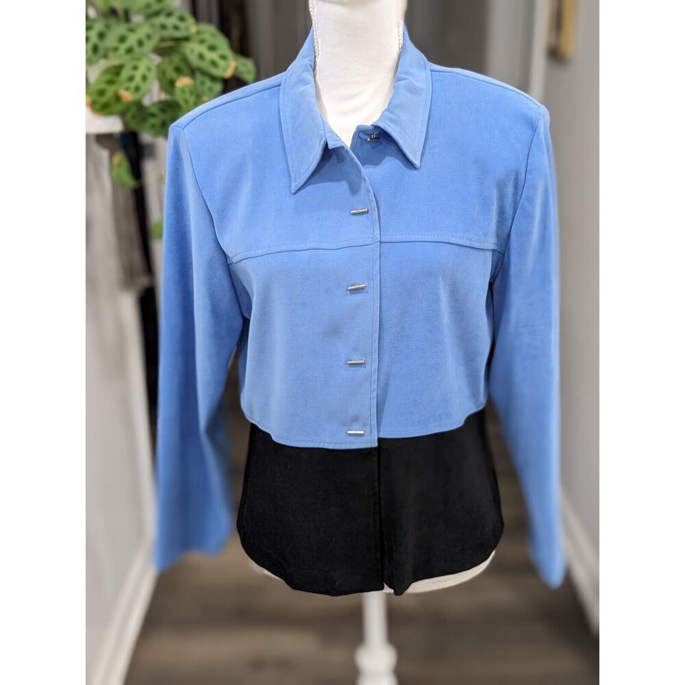 VTG R&K Originals Women's Size 14p Black Baby Blue Suede Turn Key Shirt Pant Set